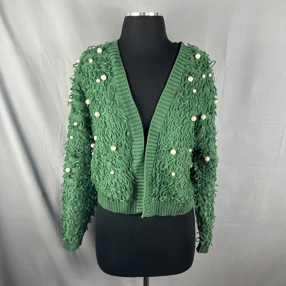 Mighty Fine Cardigan Sweater Womens L Green Shaggy Loop Pearl Detail Open Front